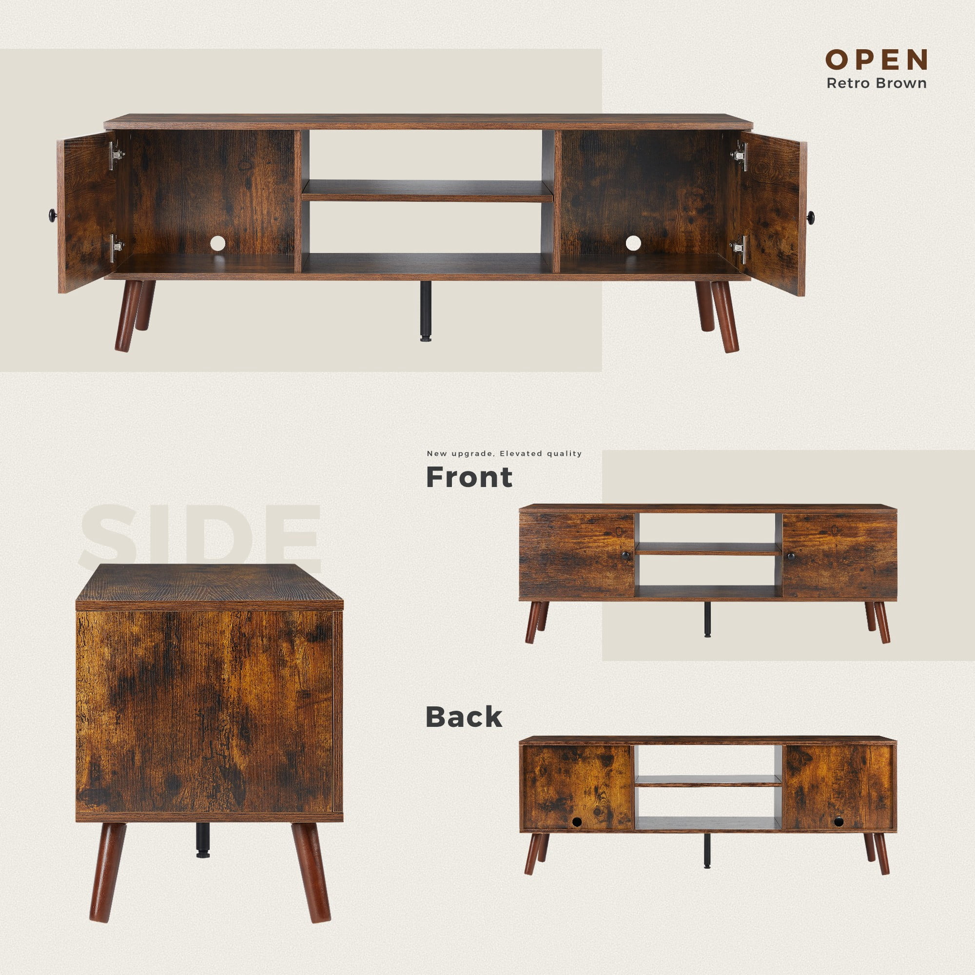 CONCETTA TV Stand for 55 60 inch Television, 2 Cabinet, Soft Hinge Door with Handle, Brown