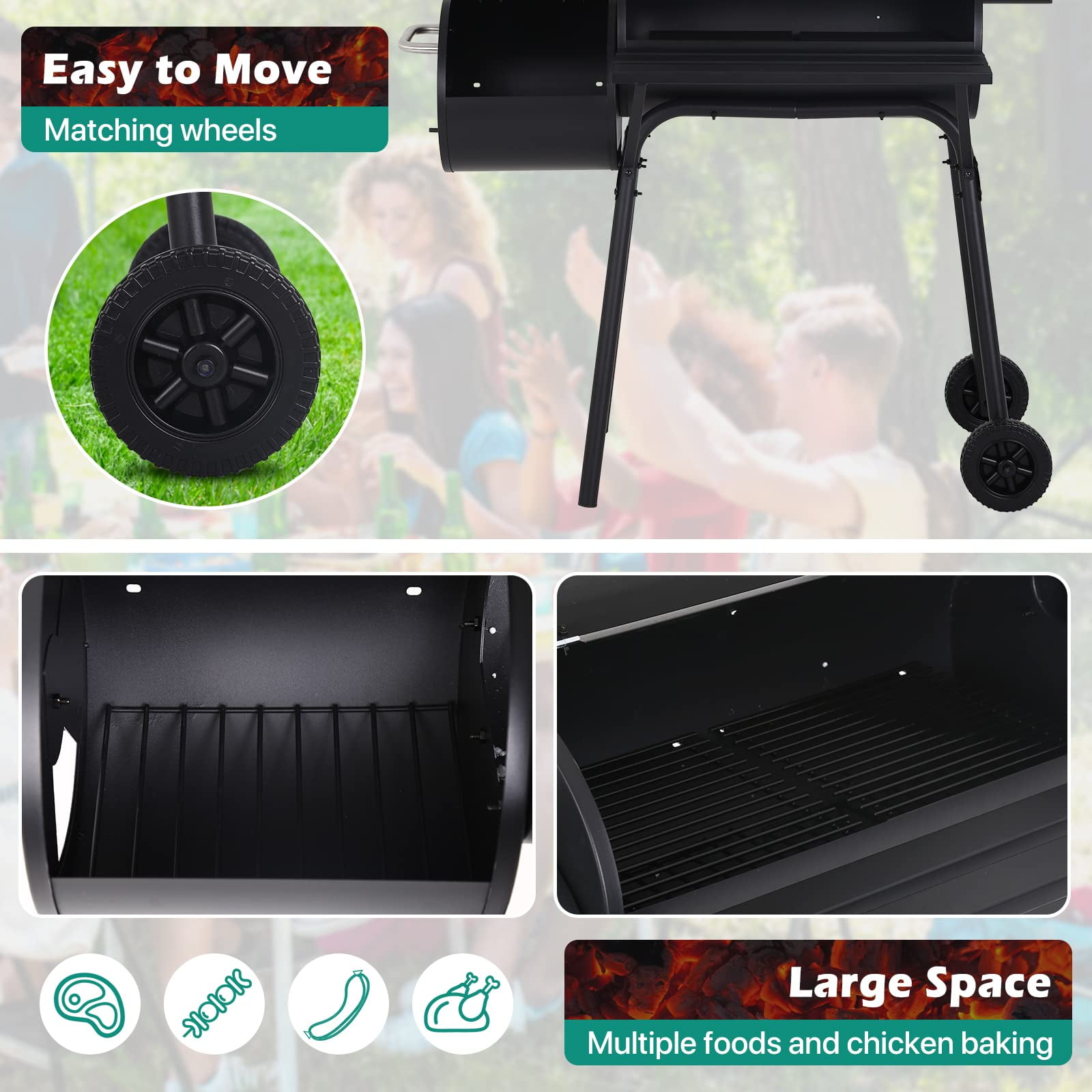 NiamVelo BBQ Charcoal Grills Outdoor BBQ Grill Camping Grill, Stainless Steel Grill Offset Smoker with Cover, Portable BBQ Barbecue Grill for Picnic Camping Party, Black