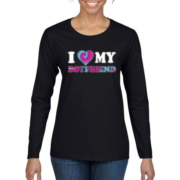 I Love My Boyfriend Tie Dye Pop Culture Womens Graphic Long Sleeve T-Shirt, Black, Small