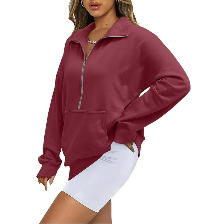 HHei_K Hoodies Women's Long Sleeve Casual Lapel Pullover Half Zip Sweatshirts  Thumb Hole Cropped Sweatshirts With Pocket 