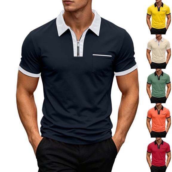 SeCaotees Contrast Collar Short Sleeve Polo Shirts for Men Half‑Zip Placket Chest Pocket Slim Fit Soft Knit Business Casual Golf Tops Beige,L