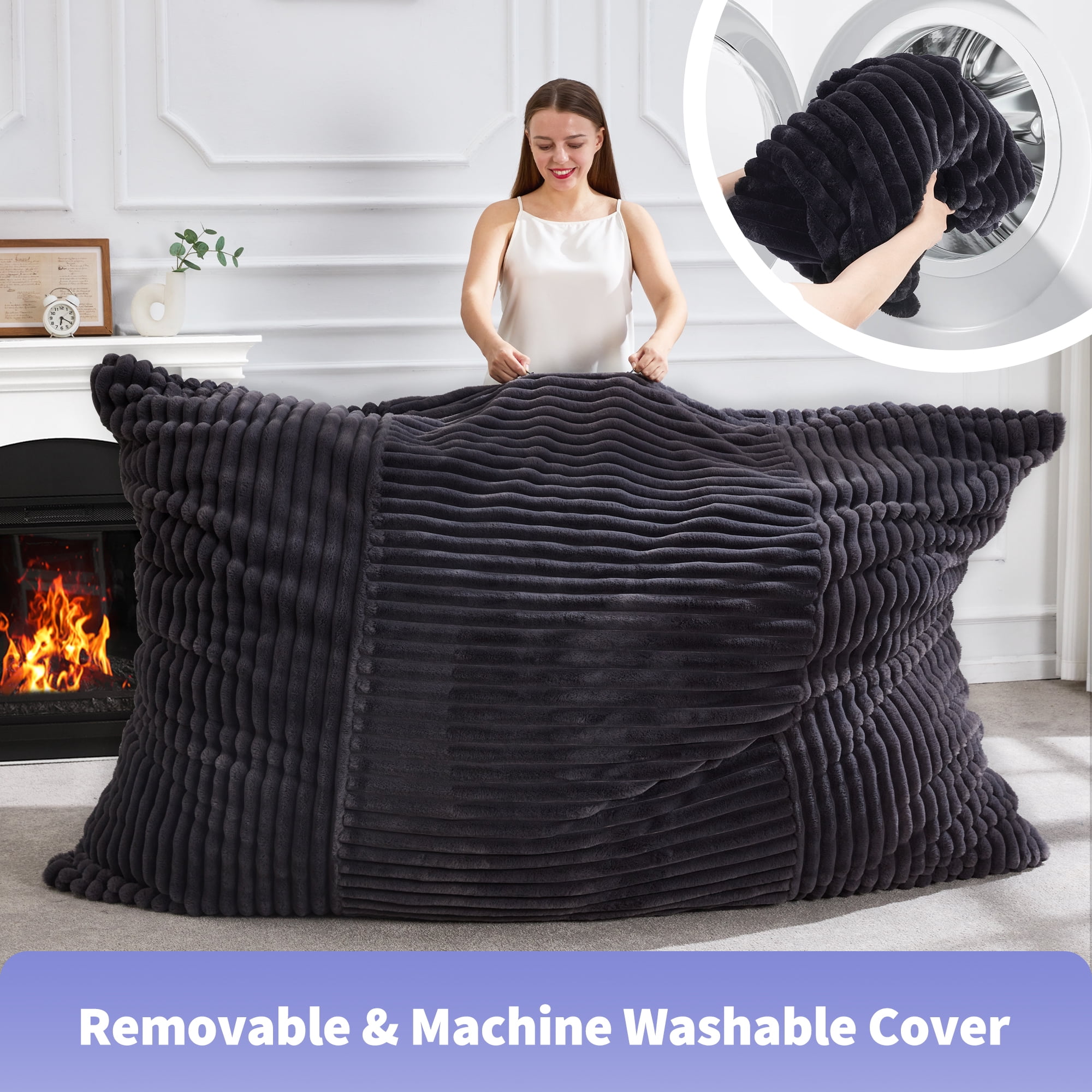 3 in 1 Giant Bean Bag Chair Convertible Bean Bag Chairs with Machine Washable Cover Large Beanbag Chairs for Adult (Dark Grey)