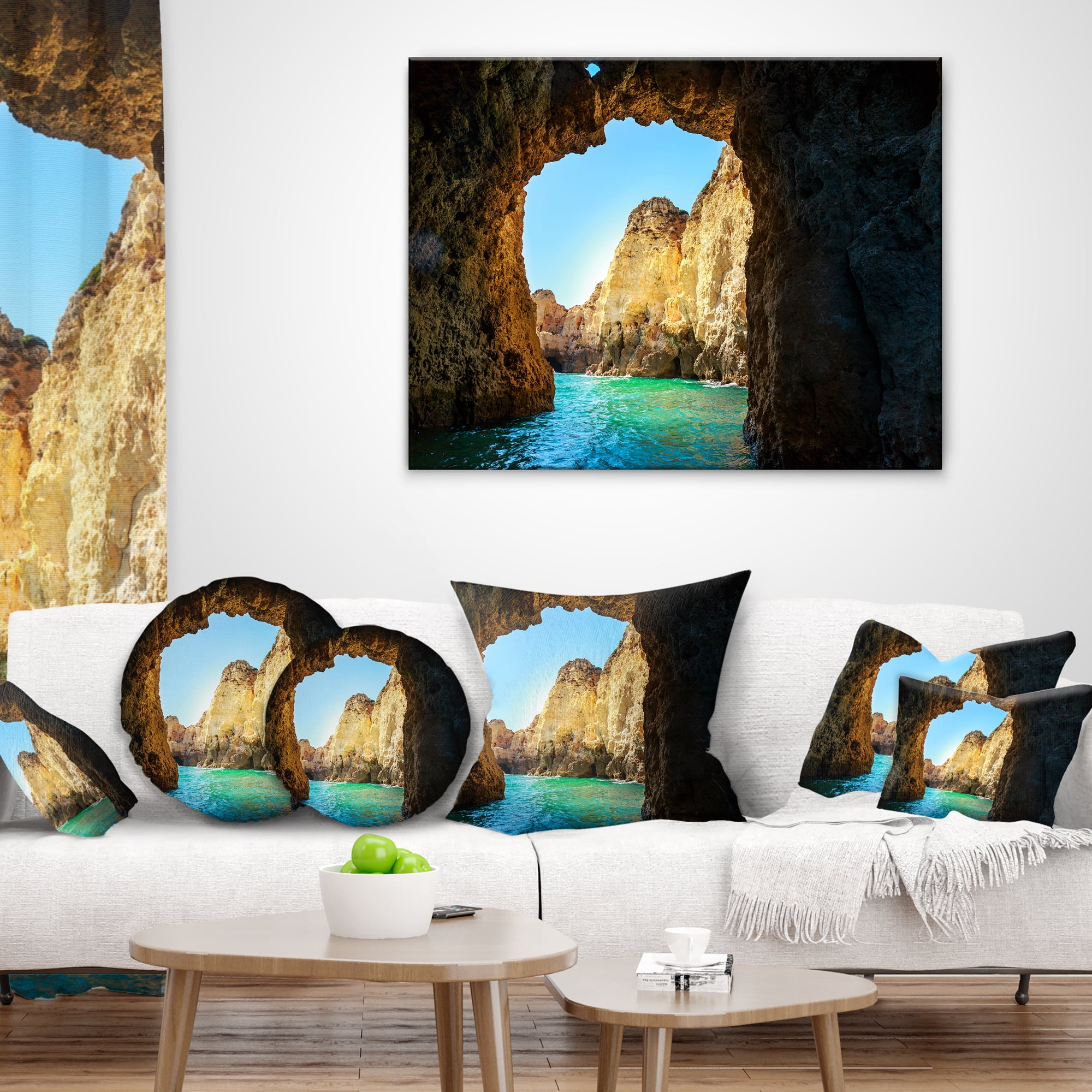 Designart Sea through Rocky Cave Portugal - Seashore Throw Pillow - 12x20