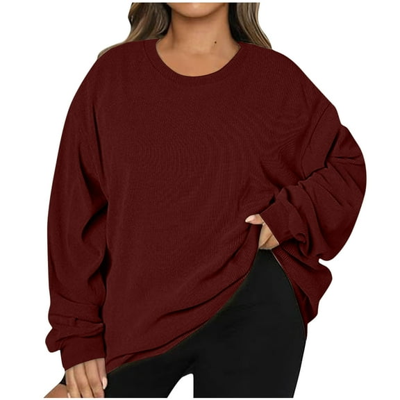 Womens Solid Color Sweatshirt Lightweight Casual Crew Neck Long Sleeve Sweatshirts Red M