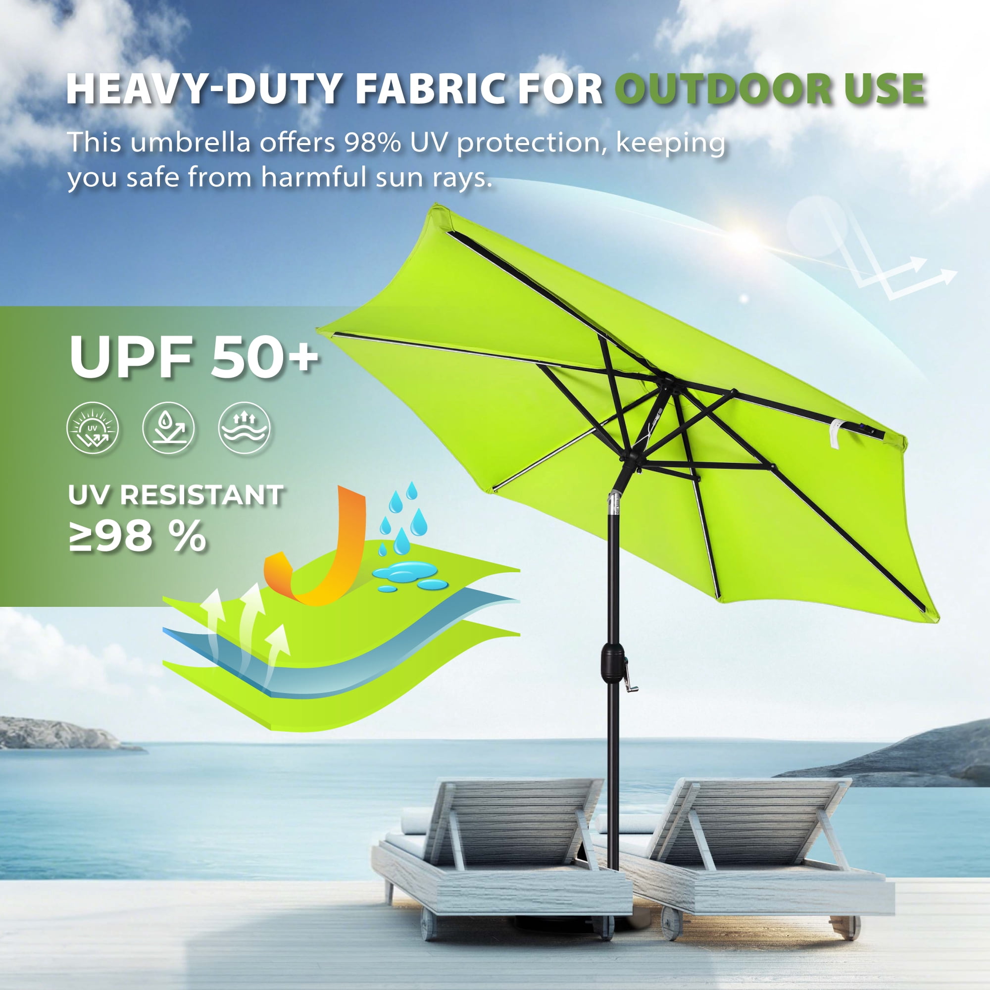 Scafild | 7.5FT Meteor Shower Lights Patio Umbrella, Outdoor Table Umbrella with 108 LED Solar Lights, Push Button Tilt and Crank, Market Umbrella for Garden, Deck, Backyard, Pool - Apply Green