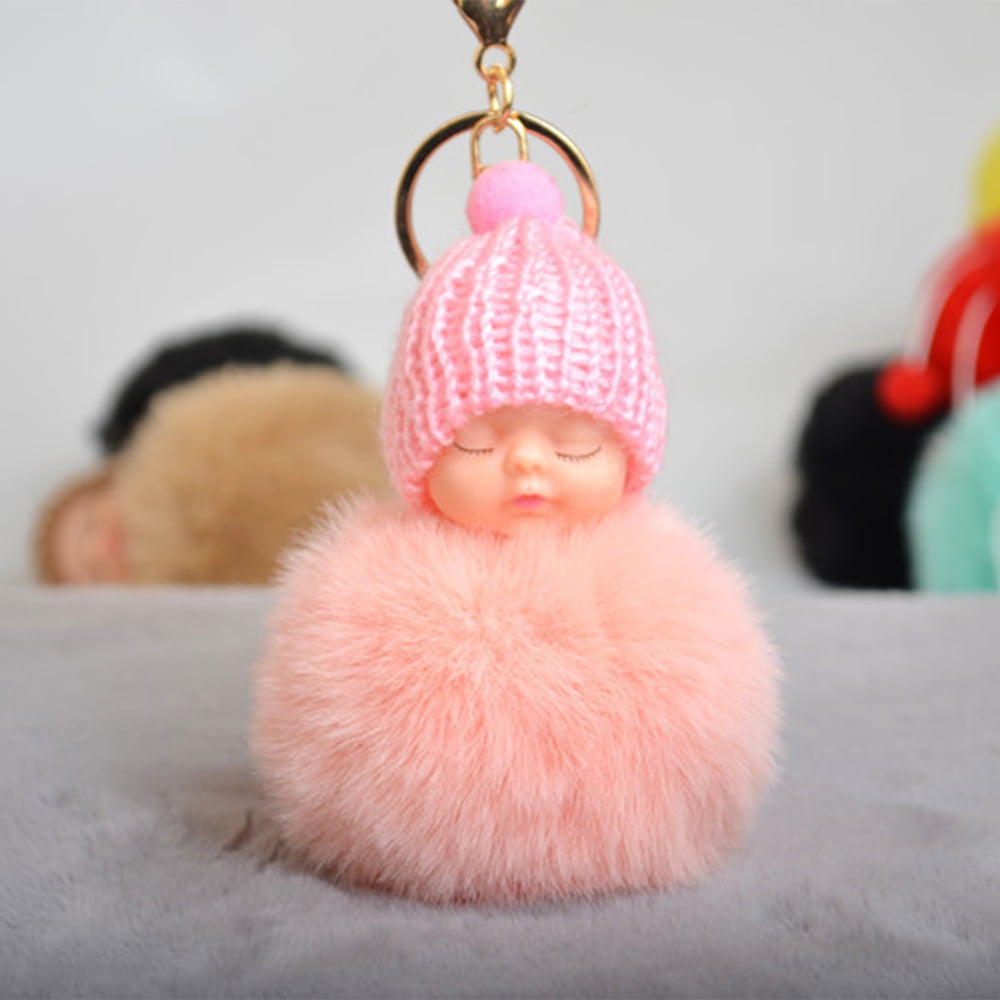 Faux Fur Pom Pom Sleeping Baby Doll Keyring Knitted Hat School Backpack Clip 