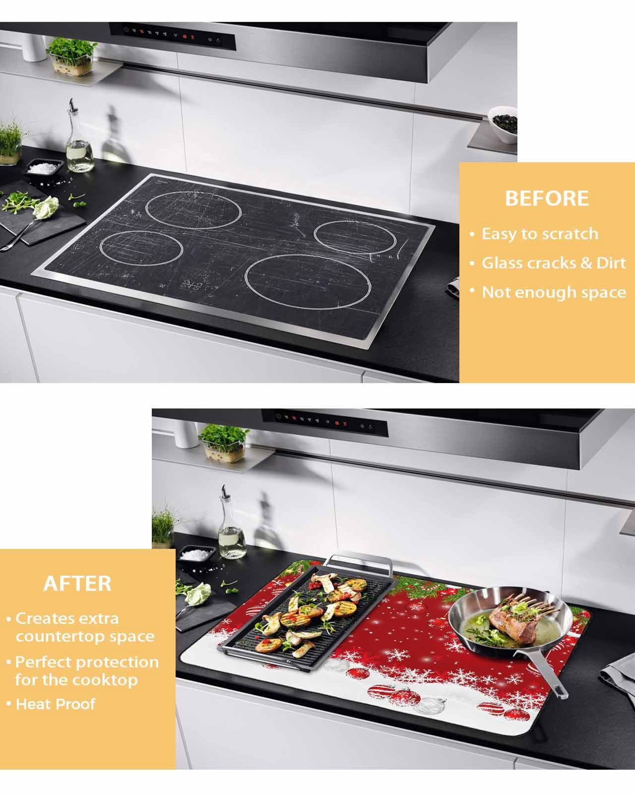 Large Induction Cooktop Protector Mat Christmas Stove Top Covers for Electric Stove, Red Xmas Weeping Balls Green Branches Snowflakes Decorative Stove Burner Cover Mats, Glass Top Stove Cover