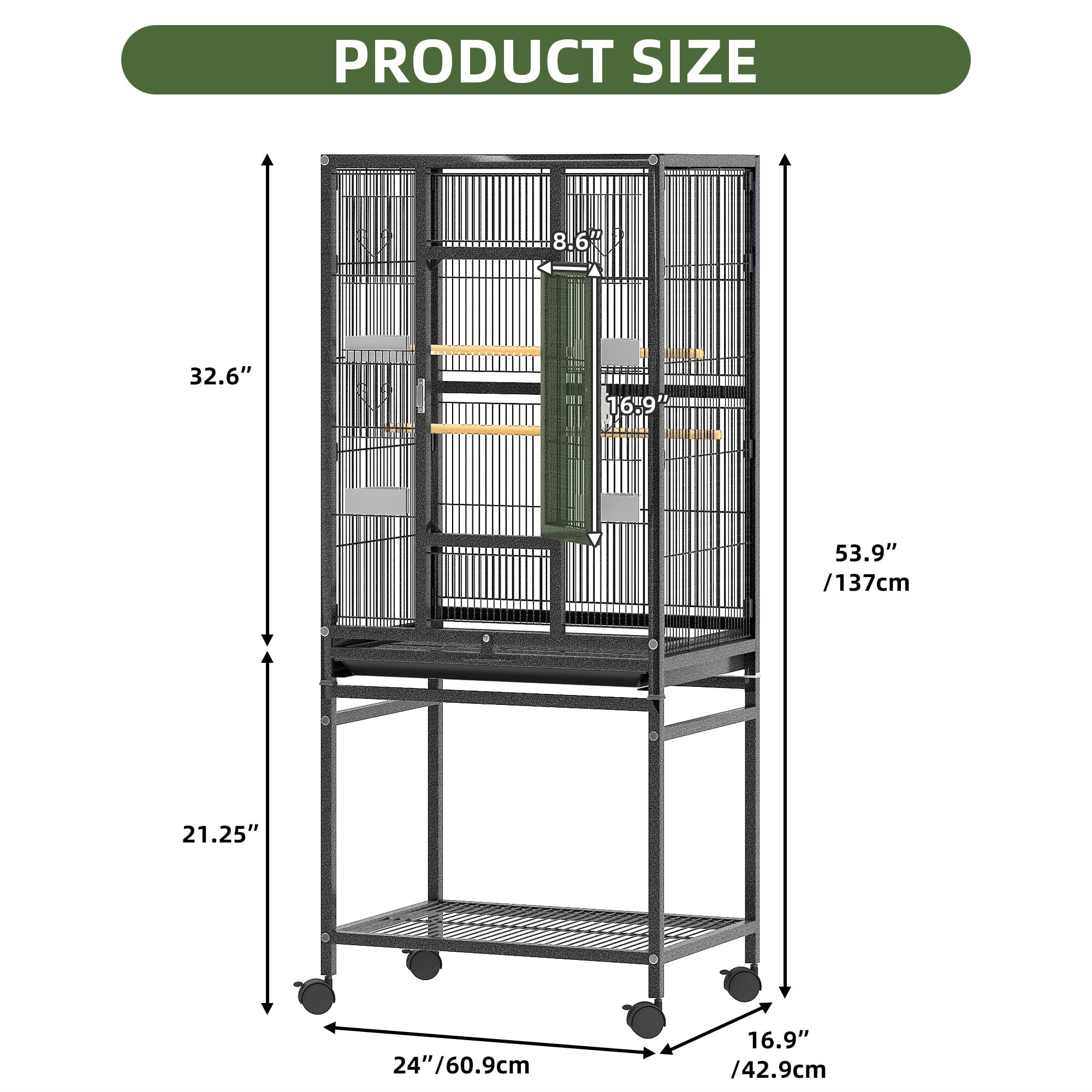 Uforic 53 Inch Sturdy Metal Bird Cage with Dual Covers, Seed Catcher & Secure Safety Lock, Storage Shelf & Slide-Out Cleaning Tray for Small Medium Birds, Black