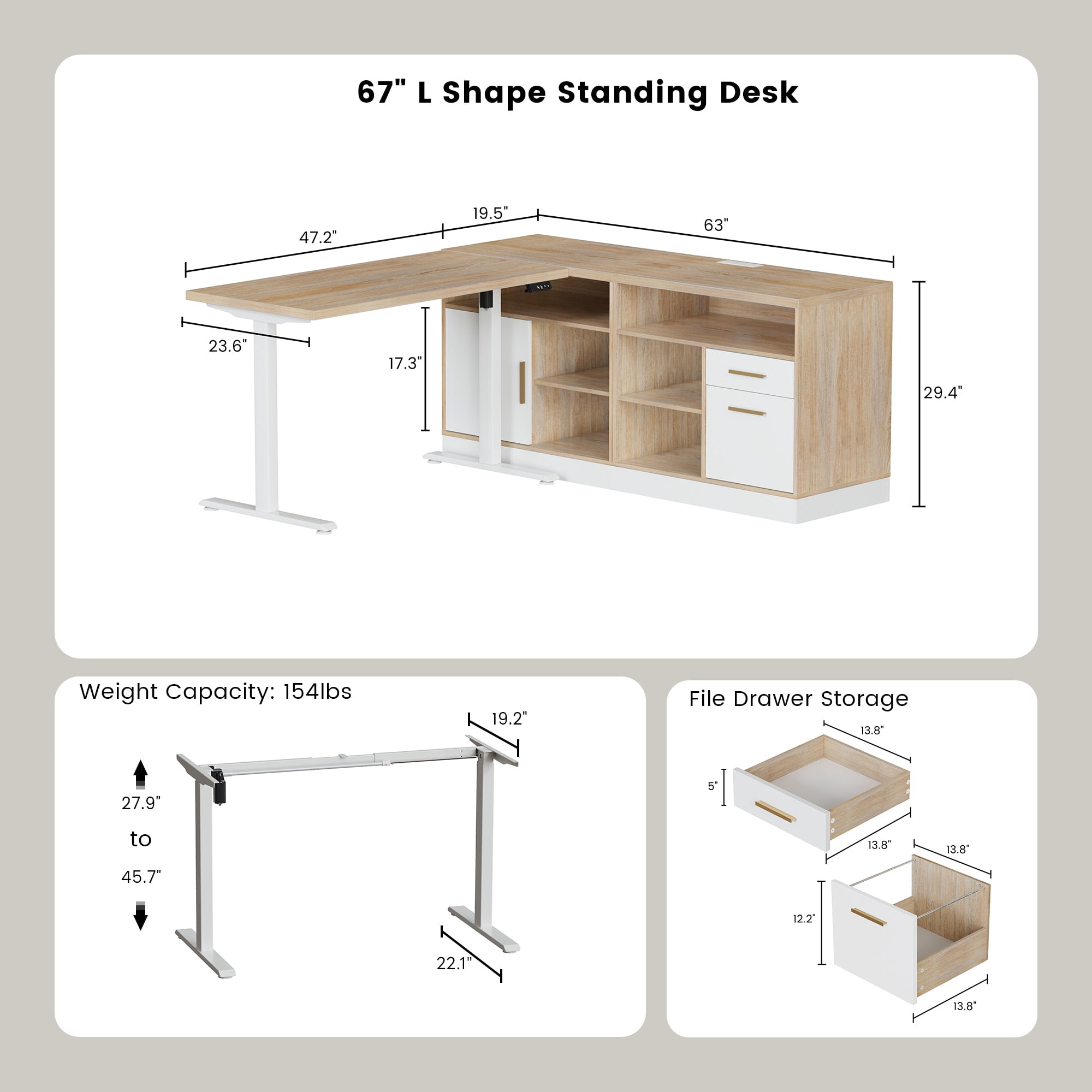 ModernMate 67" L Shaped Standing Desk with File Cabinets, AC/USB, Electric Adjustable Height Executive Desk, Office Computer Desk for Home and Office