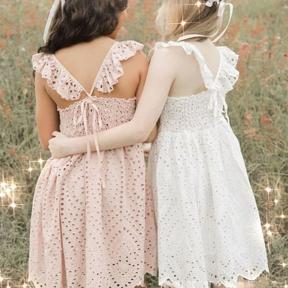 Lovebay Toddler Baby Girls Sleeveless Embroidered Hollow Out Tie Straps Sundress Bridesmaid Birthday Gown Dress