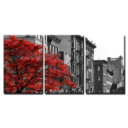 wall26 - 3 Piece Canvas Wall Art - Red Fall Tree in Black and White NYC Street Scene - Modern Home Decor Stretched and Framed Ready to Hang - 16
