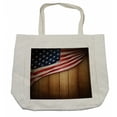 thumbnail image 1 of American Flag Shopping Bag, United States Design on a Vertical Retro Wooden Rustic Back Old Glory Country, Eco-Friendly Reusable Bag for Groceries Beach and More, 15.5" X 14.5", Cream, by Ambesonne, 1 of 2