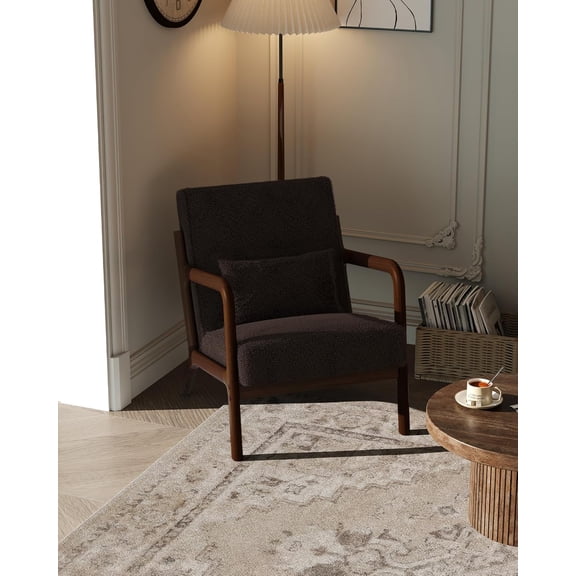 Mid-Century Modern Accent Chair Sherpa Upholstered Solids Wood Frame Removable Lumbar Pillow 300 lbs Capacity Brown