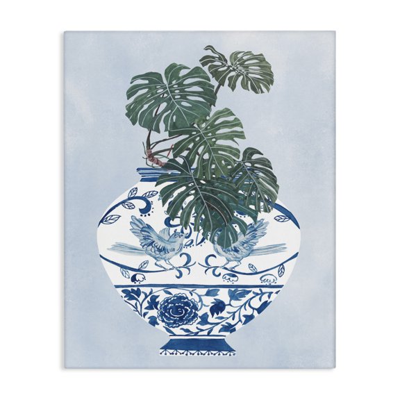Stupell Industries Eclectic Monstera Palm Plant Ornate Blue Bird Vase Scene Canvas Art, 16 x 20, by Melissa Wang
