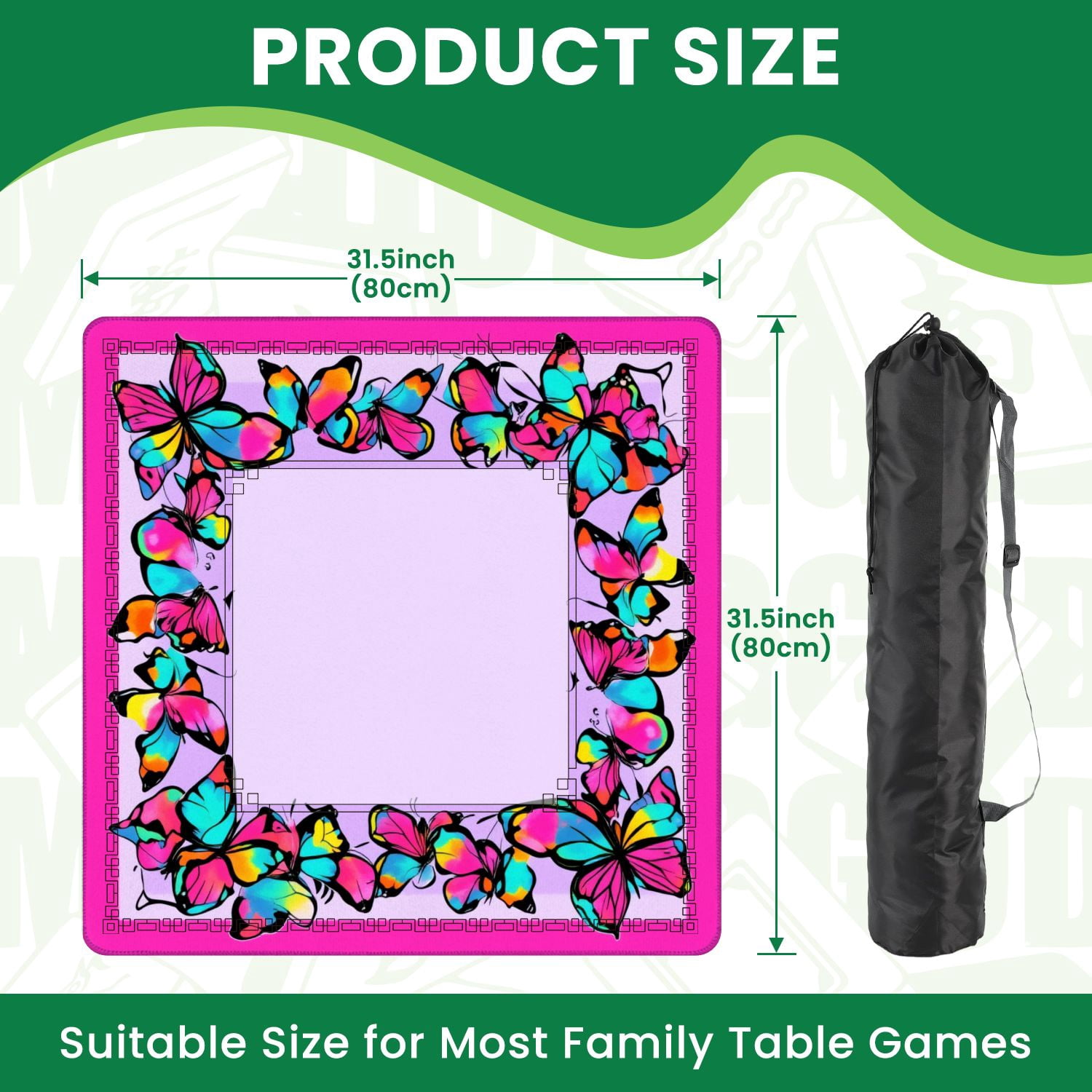 Mahjong Mat 31.5" x 31.5" Colorful Butterfly Frame Vibrant Pink Blue Yellow Orange Accents Non-Slip Noise Reduction American Mahjong Tiles Table Cover for Dominoes Poker Card Board Games Gift