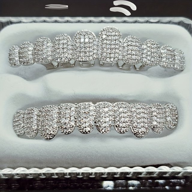 MesaSe 2pcs/Set Hip Hop Zirconia Braces Punk Teeth Cap Cosplay Rapper Jewelry 20pcs Up and Down Set Premium Sparkle for Rapper Cosplayer to Transform Your Smile Instantly with Best