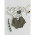 thumbnail image 3 of FEORJGP Toddler Baby Boys Girls Summer Waffle Clothes Infant 0-2Y Short Sleeve T-Shirt Round Neck Shirt Stripe Print Tops with Drawstring Shorts Little Kids 2Pcs Loose Casual Outfit, 3 of 9