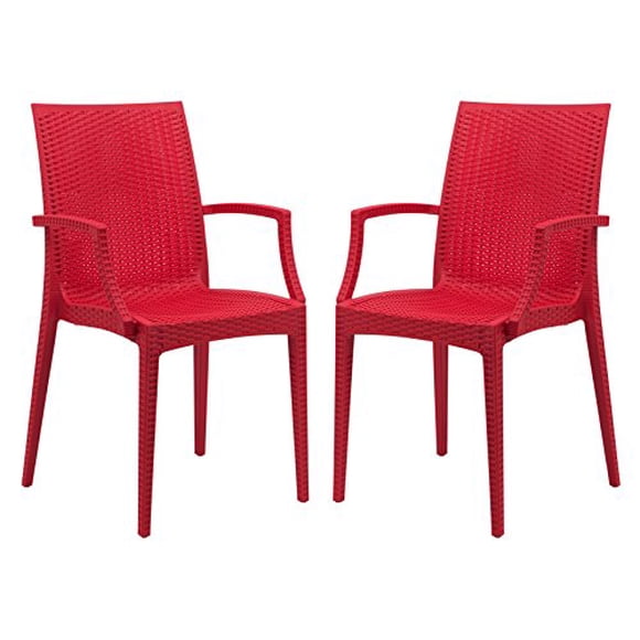 LeisureMod Hickory Weave Indoor Outdoor Patio Dining Side Armchair Set of 2 (Red)