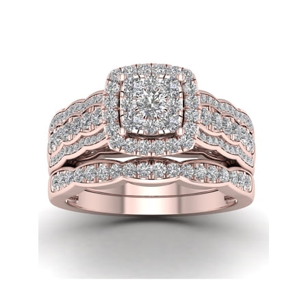IMPERIAL 1ct. t.w Cluster Halo Diamond Engagement & Wedding Ring Set 10K Rose Gold