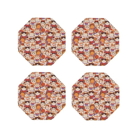 

Fuzoiu Maneki-Neko Cats Print Leather Coasters Set Drink Coasters Set of 4 for Tabletop Protection Durable PVC Coasters Home Décor and Housewarming Gift-Octagon