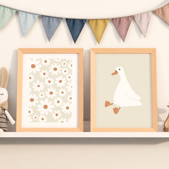 UNFFRAMED Neutral Baby Room Art, Nursery Wall Prints, Boho Set Of 2, Vintage Duck Print, Daisy Nursery Decor, Pastel Color Print, Playroom Poster Set 2 Prints 8x12