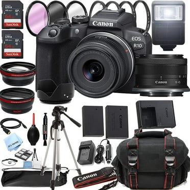 Canon EOS R10 Mirrorless Camera (New, Black) with RF-S 18-45mm F/4.5-6.3 IS STM Lens, 128GB Memory, Case, Tripod, Filters Bundle