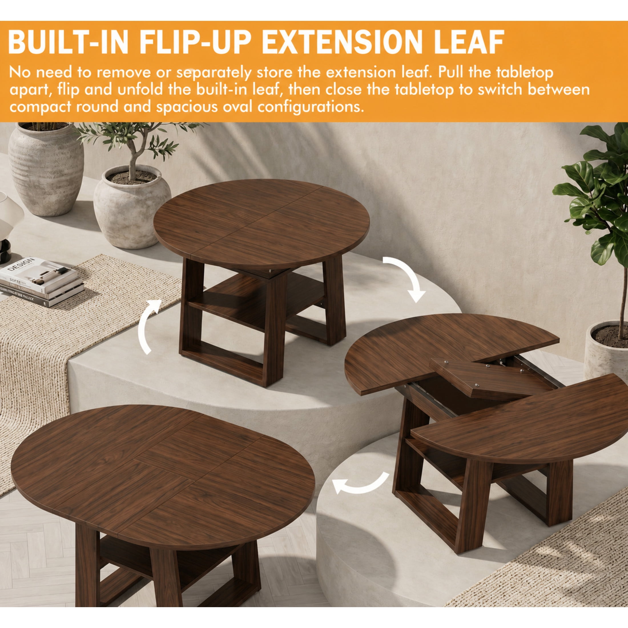 Noble House 43.3"-59.05" Extendable Round Dining Table, Oval Kitchen Table with Storage Shelf, Walnut