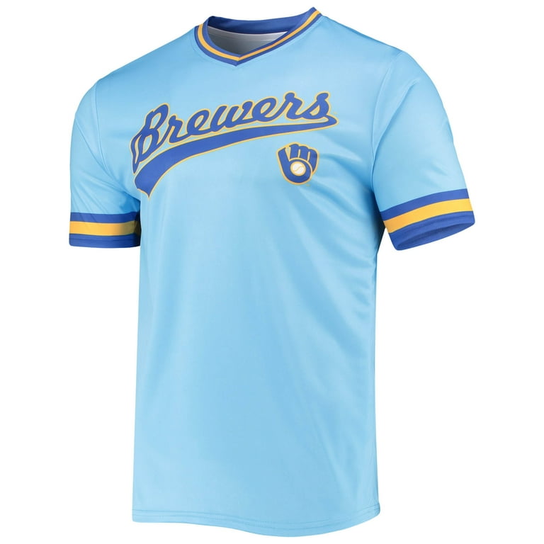Men's Stitches Powder Blue/Royal Milwaukee Brewers Cooperstown Collection  V-Neck Team Color Jersey 