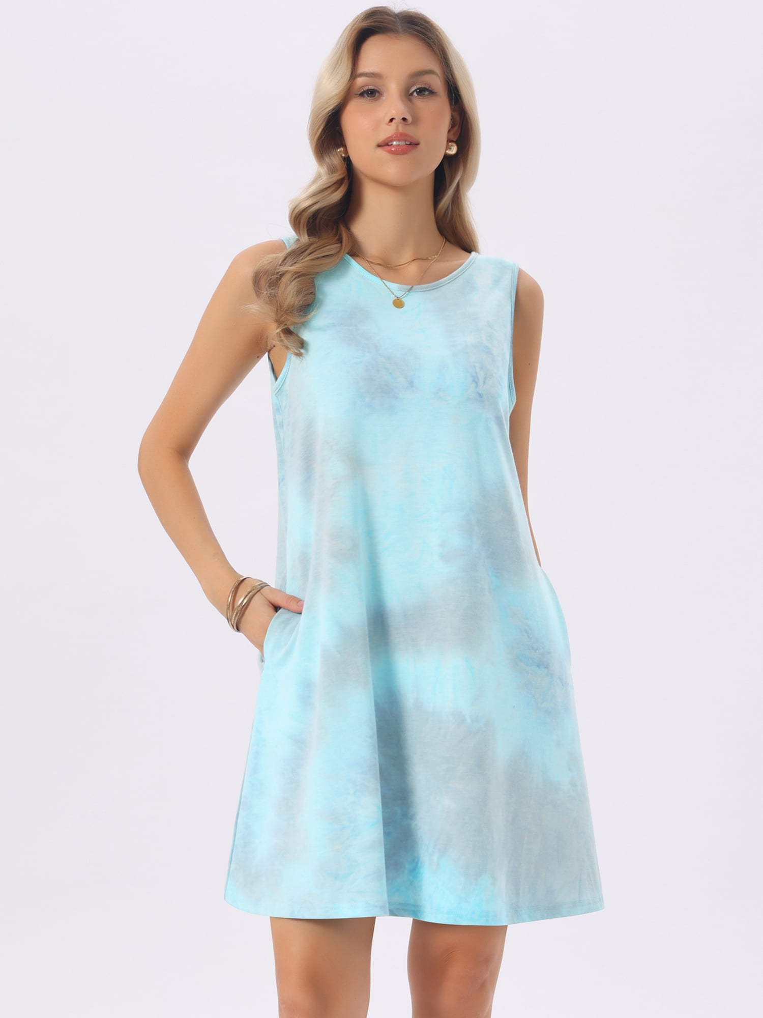 DARING DIVA Tie Dye Tank Dress Sleeveless Pockets Dress Medium Tie Dye Grey Green
