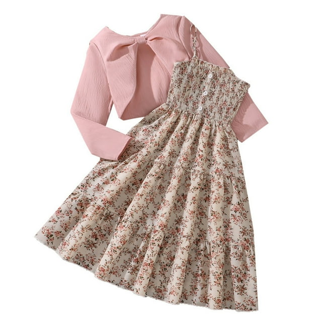 Odeerbi 8-12 Años Niñas Trajes de Verano Vestido Floral de Algodón Con Bolero Shrugs Conjunto de Dos Piezas Vestido Sin Mangas Con Cardigan de Punto