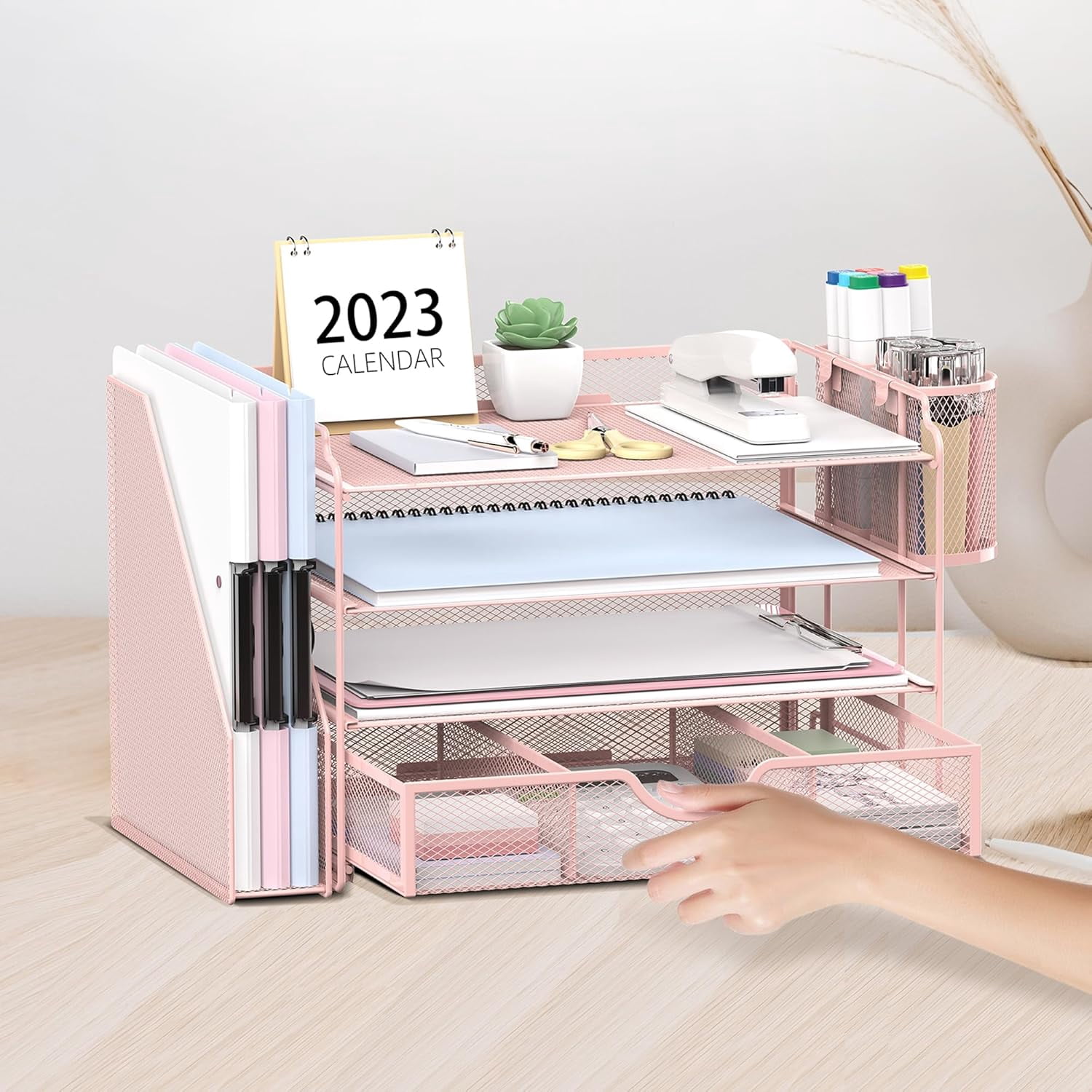 INTIGE 4-Tier Metal Desk Organizer with File Holder, 1 Drawer, 2 Pen Holders, Paper Organizer, Pink