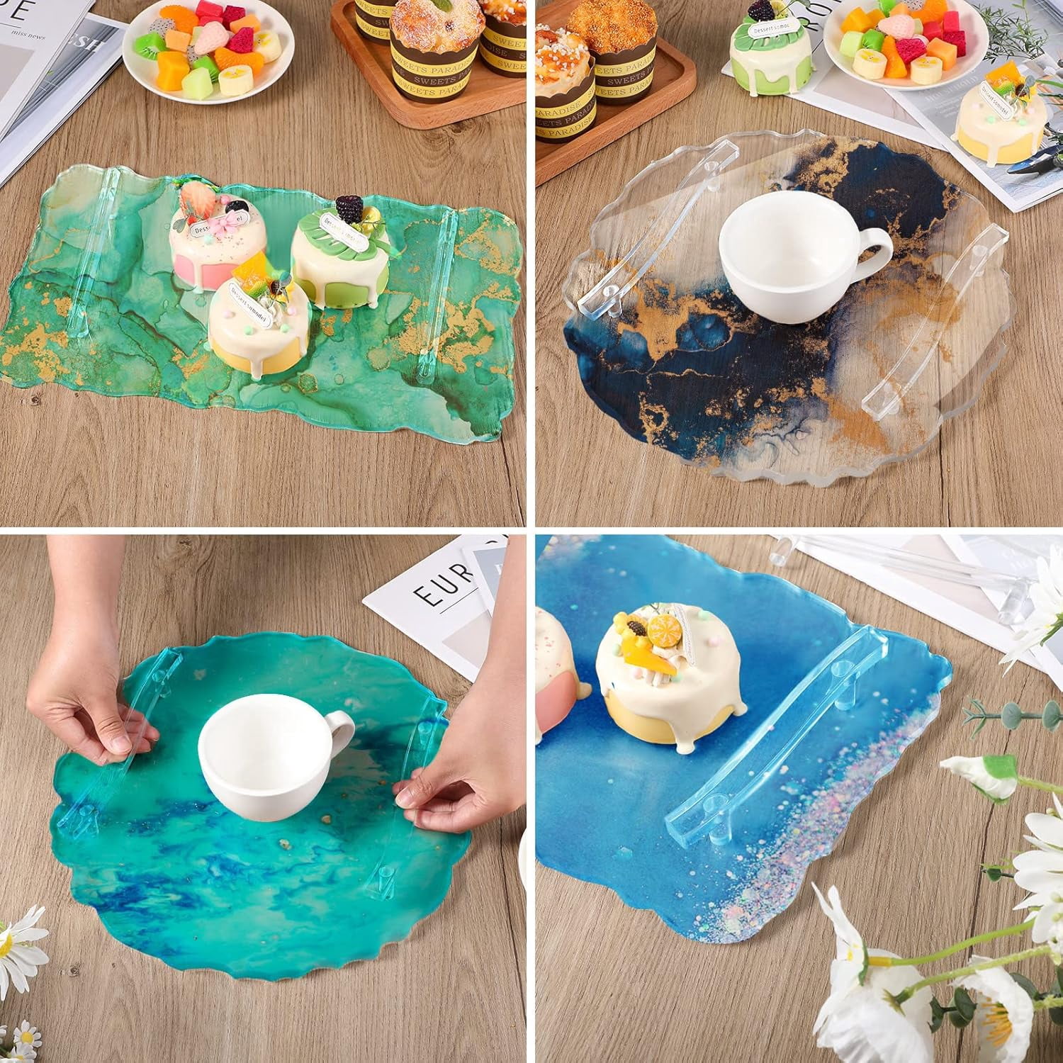 Large Silicone Tray Molds with Handles – Round Serving Tray & Coaster Making Kit, Crystal Clear Epoxy Resin Mold for DIY Craft, 13.2" & 10.3" Diameter, Reusable