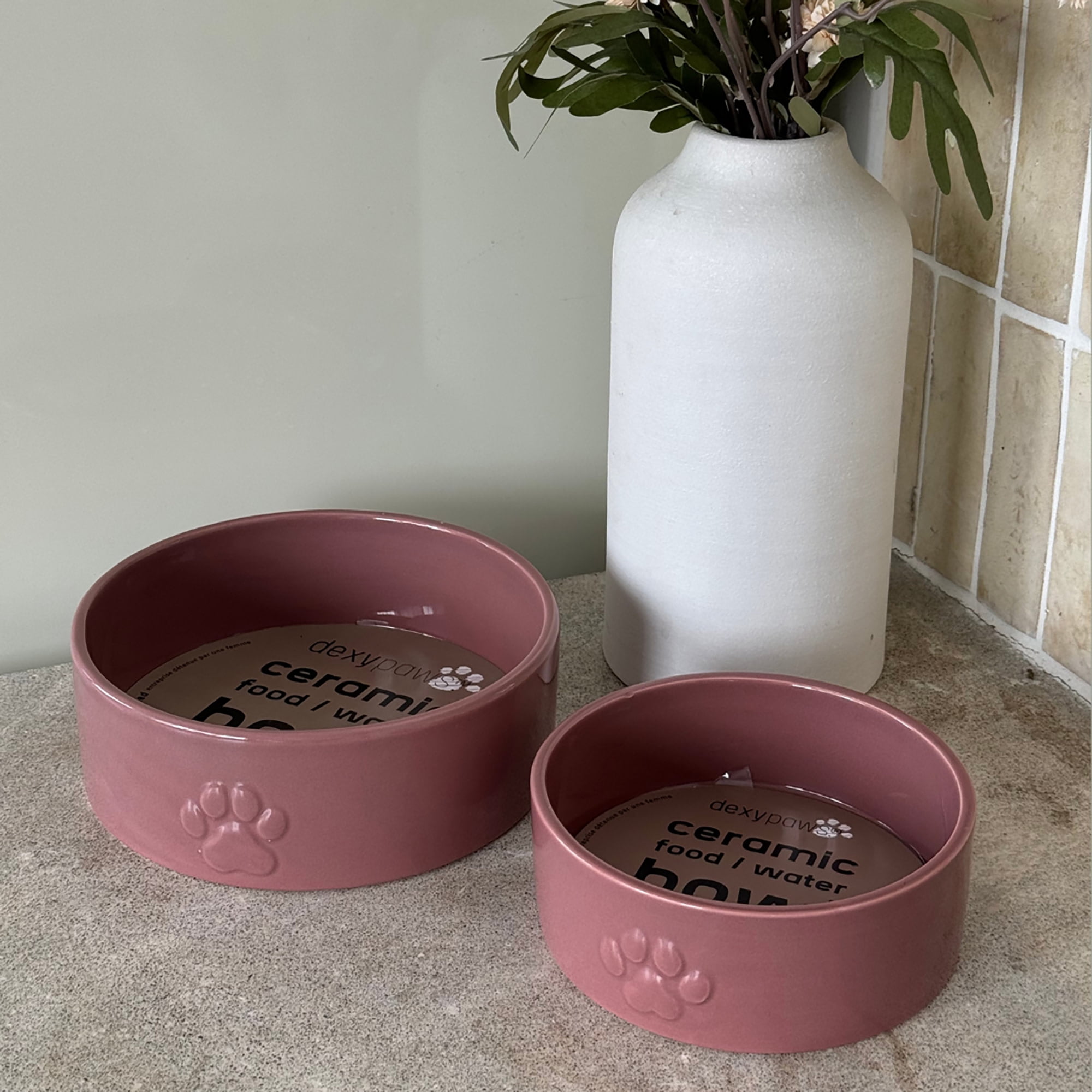 Dexypaws: Ceramic Dog Bowl: Blush Pink - 26oz - Pet Feeding Dish, Meals, Food & Water, Dishwasher Safe, Non-Toxic, Non-Tip Design, Stylish Paw Print