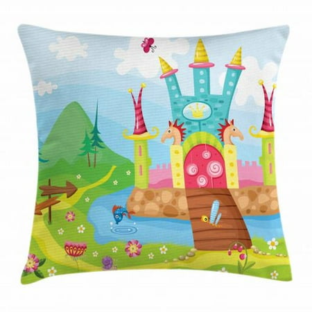 Home Furnishing Cushion Cover - Fairy Tale Throw Pillow Cushion Cover, Jester Hat Furnished Castle with Fishes in the Moat and Snails on the Grassland, Decorative Square Accent Pillow Case, 18 X 18 Inches, Multicolor, by Ambesonne