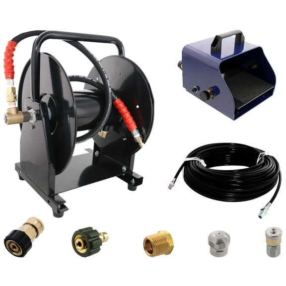 Scheiffer Sewer Jetter Kit - Foot Pedal Hose Reel 1/8" x 150' Hose and Nozzles