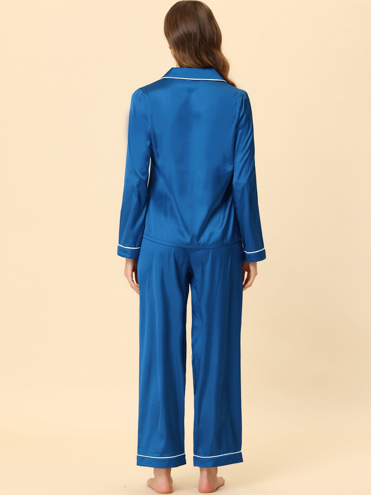 Unique Bargains Women's Pajama Loungewear Long Sleeves Tops and Pants Satin Sleepwear Sets