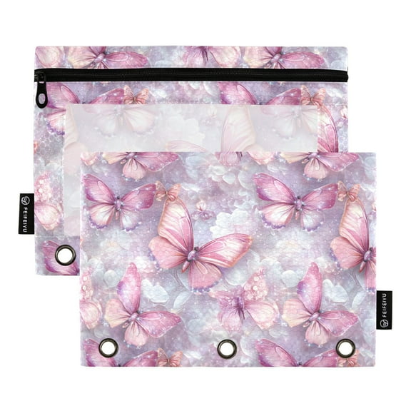 ALAZA 2 Pack Pencil Pouch Butterflies Pink Pencil Case for 3 Ring Binder Clear Window Pencil Bag Organizers