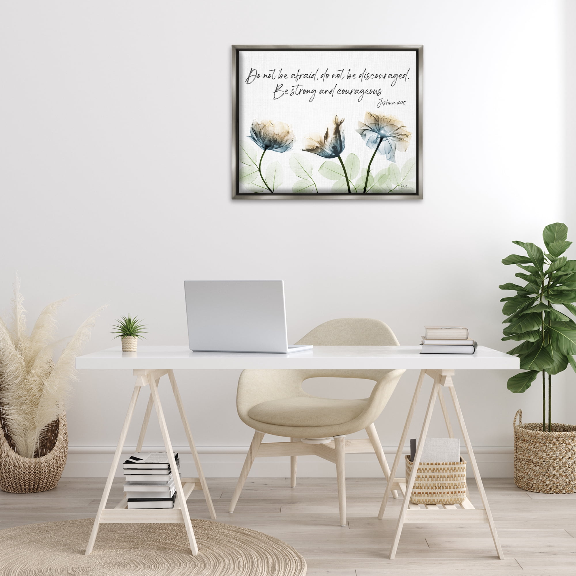 Stupell Industries Strong & Courageous Floral Religious Painting Gray Floater Framed Art Print Wall Art, 31 x 25