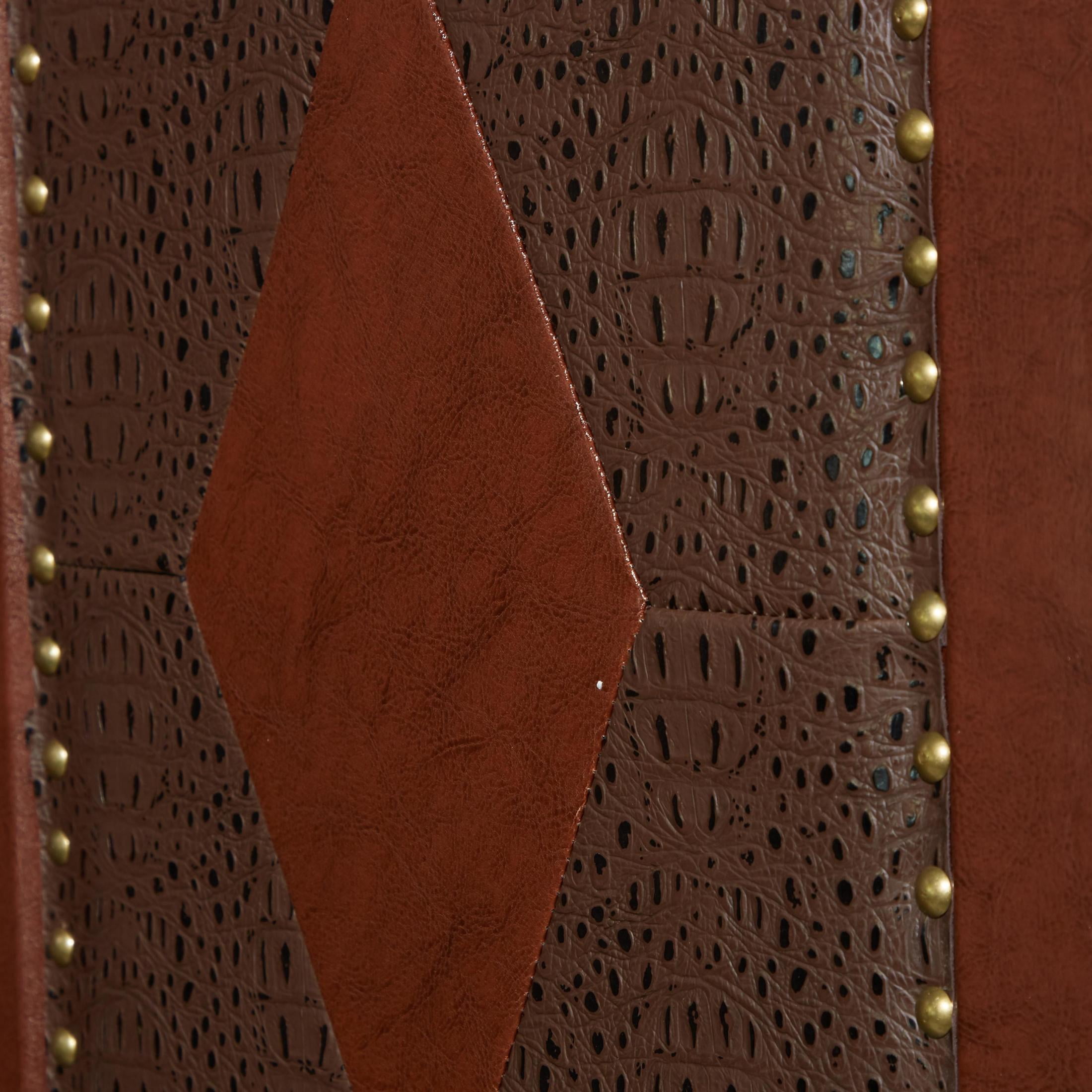DecMode 64" x 71" Brown Faux Leather Scroll Foldable Partition 4 Panel Room Divider Screen with Faux Leather Detailing, 1-Piece