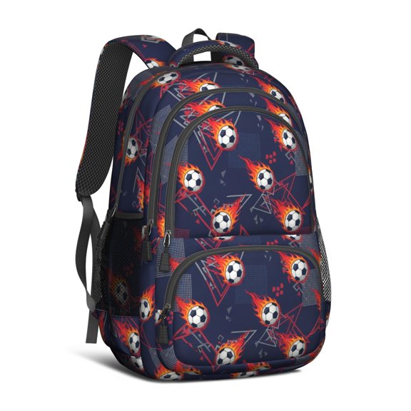 Football and Flame Navy Pattern Backpack for School, Cute School Bag with Adjustable Shoulder Straps and Padded Back, 16.9"x12.6"x5.9"