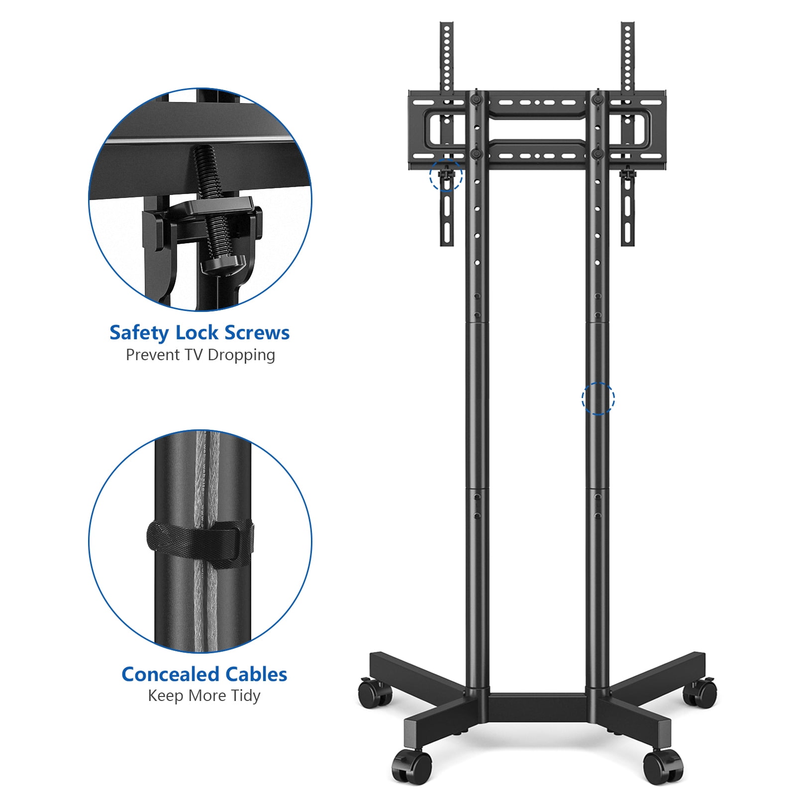 RTVR Rolling TV Cart Stand for 32 to 70 inch Flat Curved Screens, Portable Mobile TV Stand on Wheels, Metal Black