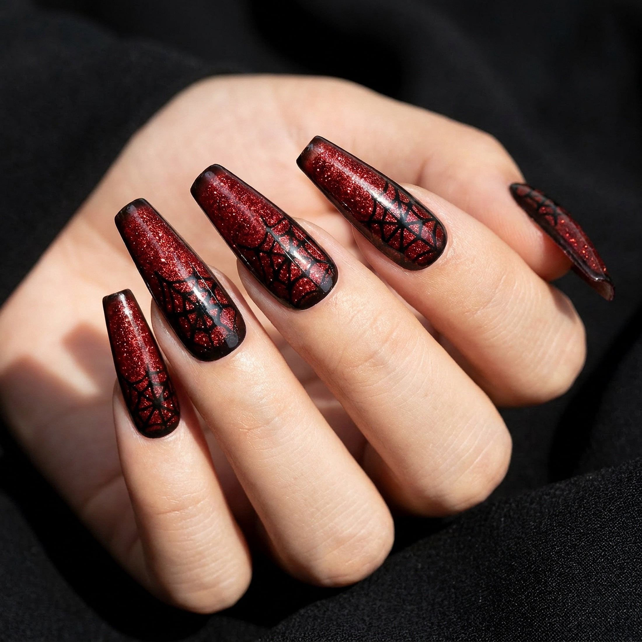 Expressions 24-Pack Self Adhesive Halloween Press-On Nails - Red Glitter & Spiderwebs
