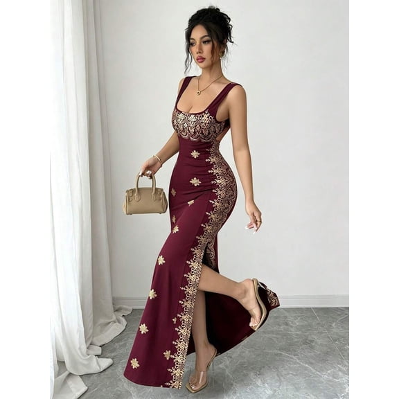 Red Womens Elegant Square Neck Spaghetti Strap Backless Slit Hem Fitted Maxi Dress With Gold Embroidery