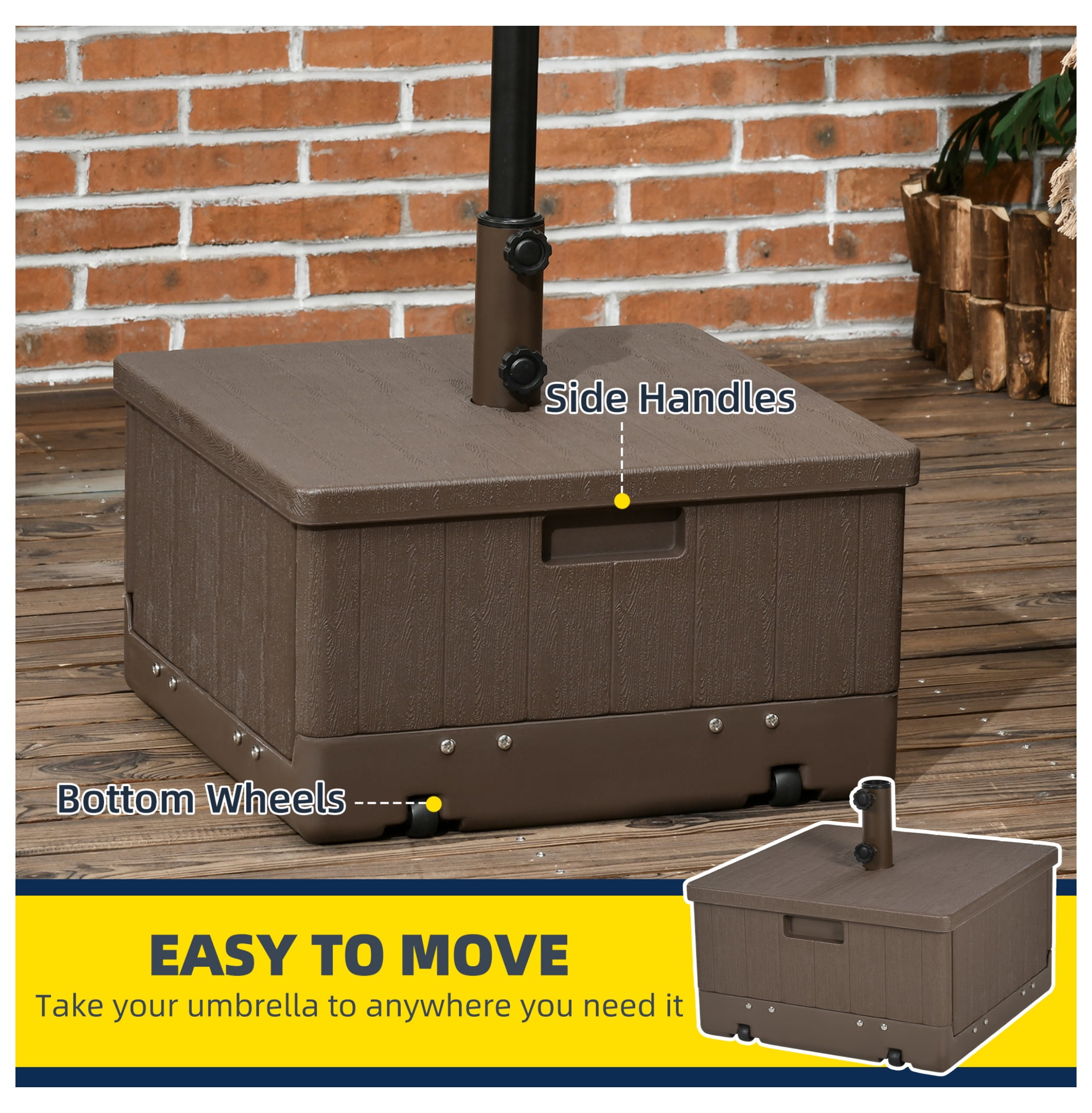 3-in-1 Outdoor Umbrella Base, Coffee End Table, Flower Box Planter, 175lbs Capacity Patio Umbrella Stand Table with Wheels and Handles, Brown