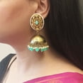 thumbnail image 3 of Efulgenz Indian Bridal Jhumka Earrings Green Crystal Kundan Dangling Earrings Faux Pearl Beaded Big Jhumka Jhumki Wedding Earrings Set Indian Jewelry for Women, 3 of 5