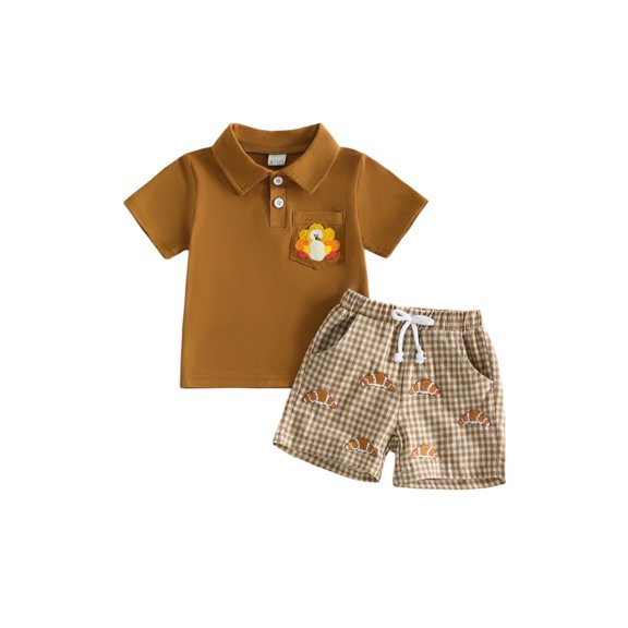 Cjfdfy Toddler Baby Boy Thanksgiving Outfit Infant Baby Boys Summer Fall Clothes Turkey Embroidery Lapel Neck Button Short Sleeve Shirt and Plaid Shorts 2Pcs Set