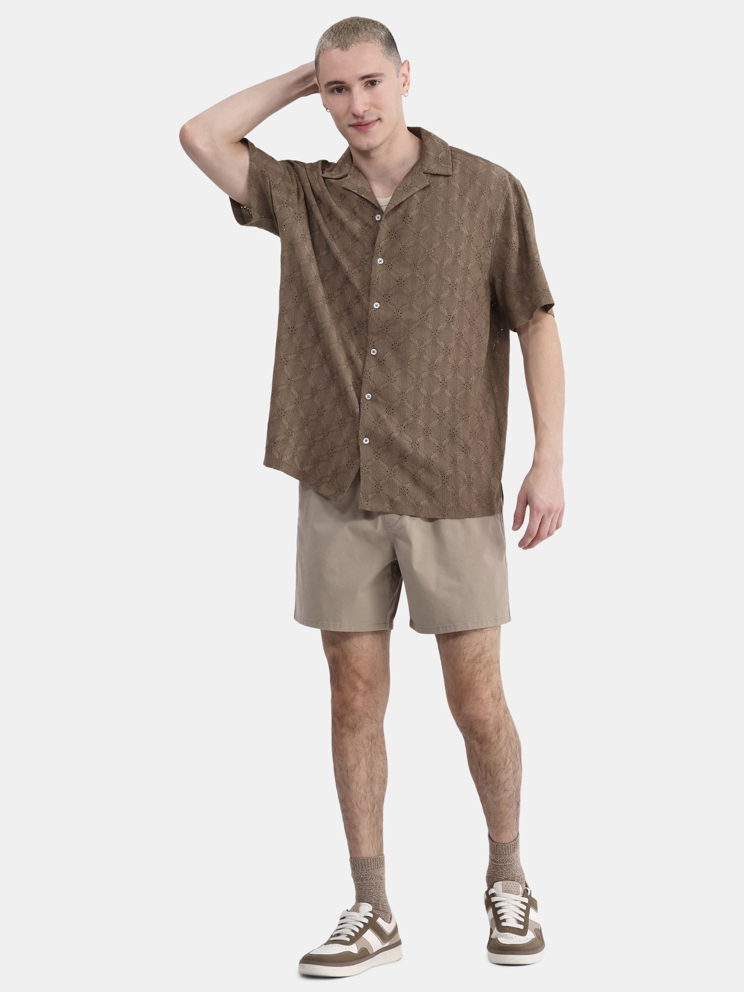 No Boundaries Men's & Big Men's Eyelet Short Sleeve Button Up Shirt, Sizes XS-3XL