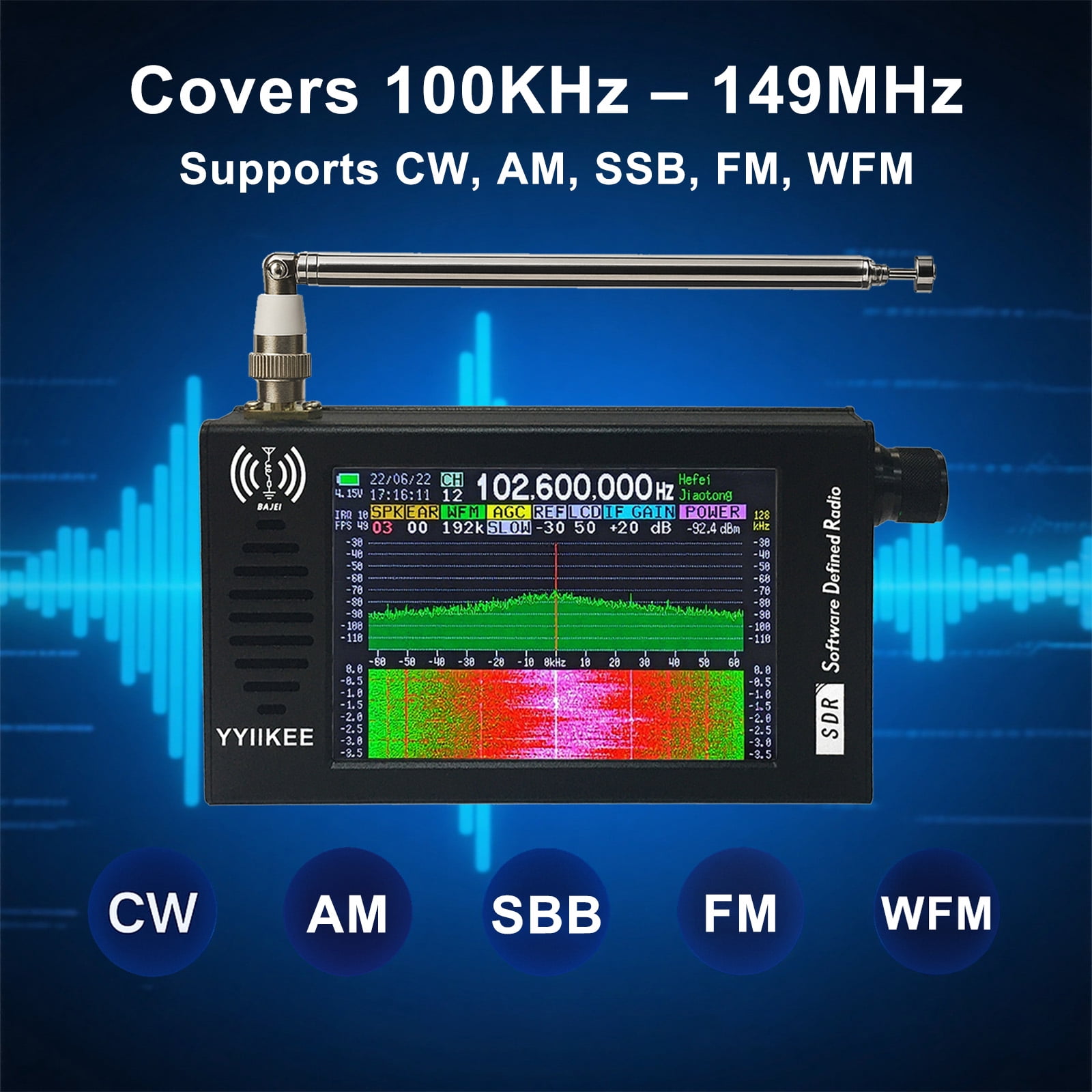 Portable SDR DSP Radio Receiver with 4.3" Touchscreen 100KHz–149MHz Full Band SSB/AM/FM/CW 192kHz Spectrum Waterfall Display Rechargeable 5000mAh Battery Aluminum Alloy Case