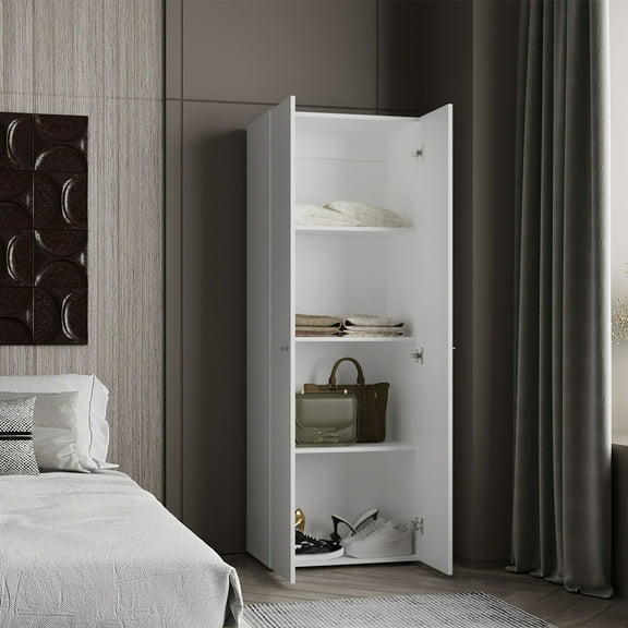 Nmkwnr Freestanding Wardrobe with 4 Inner Shelves, 2 Doors Storage Cabinet for Bedroom, Living Room, White