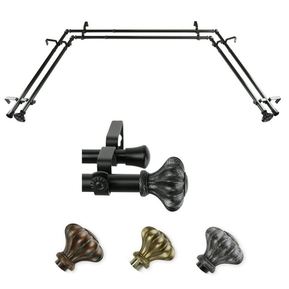 Heinz 13/16" Double Bay Window curtain rod Adjustable 20"-36", 38"-72" - Black,(ABay-03-2D)
